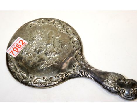 Art Nouveau hallmarked silver hand mirror, H: 26 cm. P&amp;P Group 1 (£14+VAT for the first lot and £1+VAT for subsequent lot