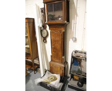 Brass face oak cased longcase clock by Roberts of Ruabon, H: 204 cm, L: 57 cm. Not available for in-house P&amp;P