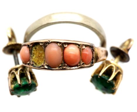 9ct gold band size L and a 9ct gold coral set ring with 5 stones, one missing, size N, 3.4g and a pair of earrings. Total wei
