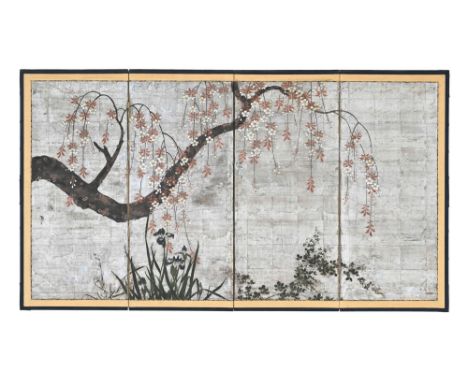 Paravent yonkyoku byōbu (à quatre volets) orné d'un cerisier en fleurs et d'iris, Japon, XIX-XXe s., dans le goût de l'école 