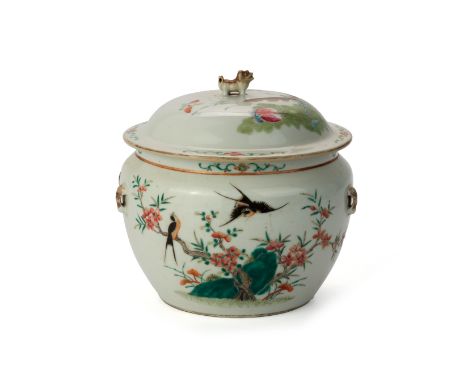 A FAMILLE ROSE PORCELAIN BOWL AND COVER Late 19th/early 20th Century, Decorated to one side with butterflies amongst flowerin