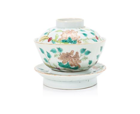 A FAMILLE ROSE PORCELAIN BOWL, COVER AND STAND Fluted and decorated with flowering foliage, iron red four character seal mark