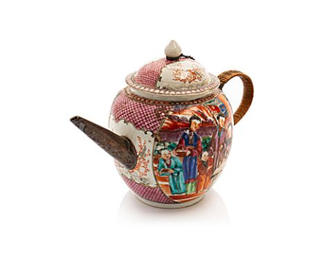 A CHINESE EXPORT 'MANDARIN' PALETTE TEAPOT
18th/early 19th Century, decorated with figures in an interior setting, replacemen