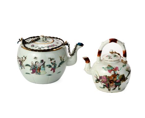 TWO FAMILLE ROSE PORCELAIN TEAPOTS
1st half 20th Century, the larger decorated with figures in a garden landscape including o