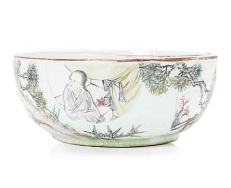 A QIANJIANG PORCELAIN COMPARTMENTED BOWL
The exterior painted with a figure peering out of a window with trees and bamboo, a 