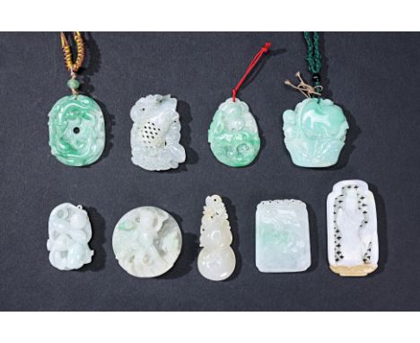 A GROUP OF NINE CARVED JADE PENDANTS
To include an example carved with Guanyin; a plaque with a bat; mythical beasts; a fish;
