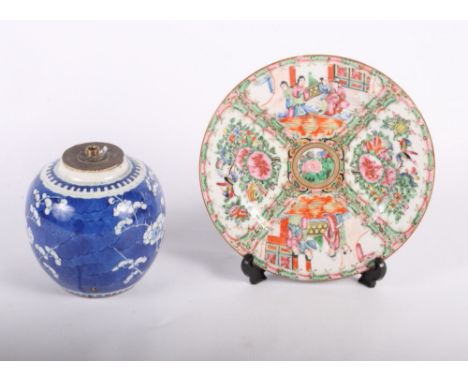 A late 19th Century Canton enamel figure decorated plate, 8 1/2" dia, and a Chinese blue and white ginger jar, 5" high (now c