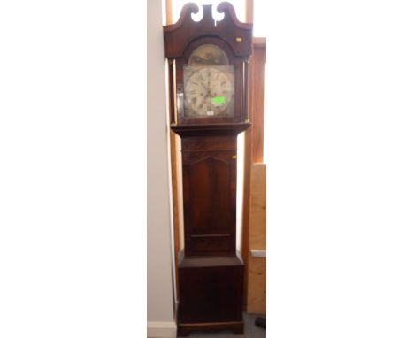 A late Georgian figured mahogany long case clock with eight-day movement and castle painted dial by J P Bagnall London, 86" h