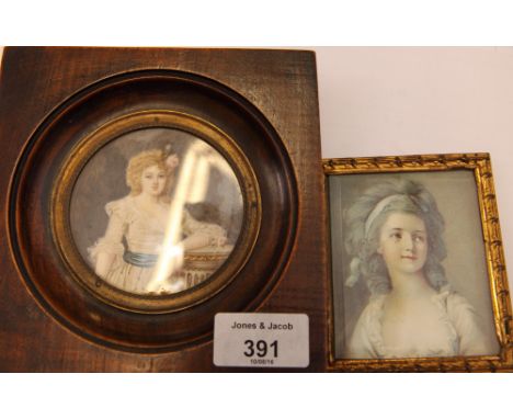 An 18th Century circular miniature portrait of Madame Duzazon leaning on a column, inscribed verso, 3" dia, and a colour prin
