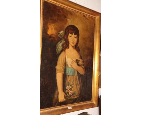 An 18th Century oil painting, portrait of a young girl wearing a blue sash and carrying flowers, 36" x 24", in gilt frame (ex