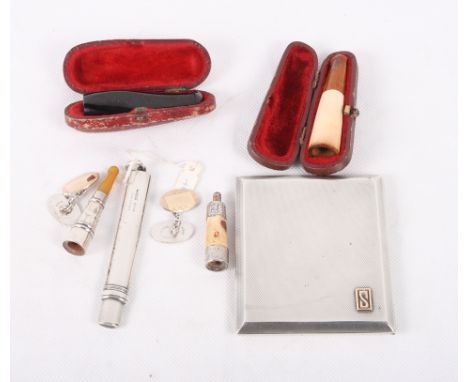 A silver engine turned cigarette case, 3.8oz troy approx, a pair of silver and rolled gold cufflinks, .3oz troy approx, a sil