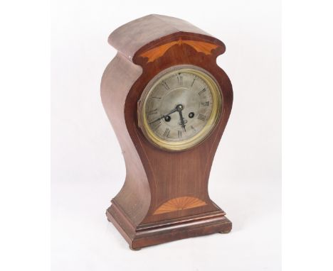 An Edwardian mahogany and satinwood inlaid shape top mantel clock with silvered dial and eight-day striking movement, 13" hig