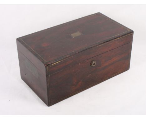 An early 19th Century rosewood and brass inlaid two-division tea caddy with inset carry handles, 13" wide