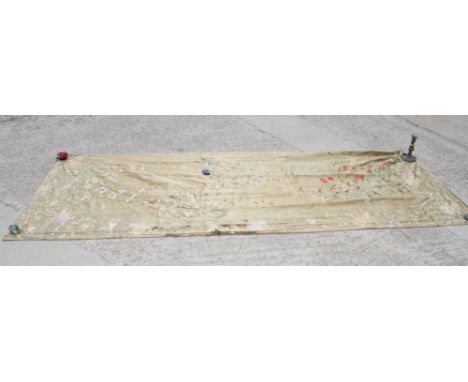 A Chinese gold silk panel embroidered birds and flowering branches, 114" x 44"