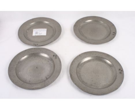 A set of four 18th Century pewter plates by Aquila Dec(k)ombe, 9" dia
