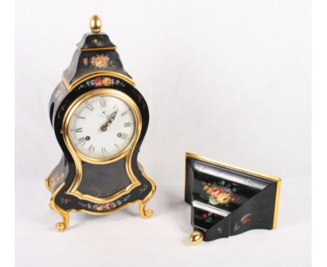 A painted and gilt decorated bracket clock with eight-day striking movement together with matching bracket, clock 19" high