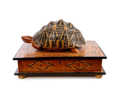 Unusual early 20th century parquetry inlaid box with drawer, mounted with a star tortoiseshell with wooden head and feet, whi