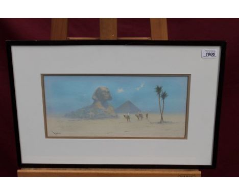 R. Cooper, early 20th century gouache study - figures on camel-back in the desert with a sphinx, signed, in glazed frame, 17c