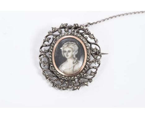 Antique portrait miniature on ivory depicting a lady, in an oval brooch frame set with marcasites, 33mm x 30mm CONDITION REPO