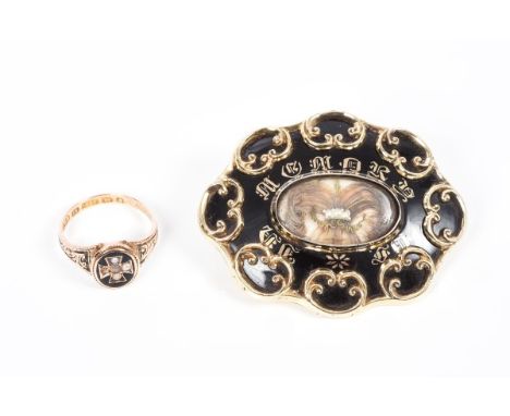 Victorian gold (15ct) black enamel and seed pearl mourning ring and a Victorian black enamel mourning locket (2) CONDITION RE