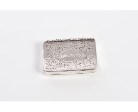 George III silver snuff box of shaped rectangular form, with bright cut floral decoration, hinged cover with engraved cartouc