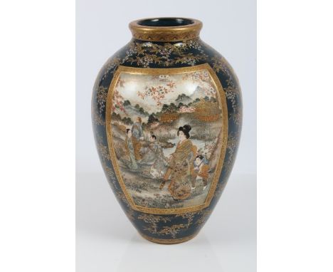 Good quality Japanese Satsuma vase of ovoid form, painted with scenes of Samurai warriors, figures in landscape with gilt bor