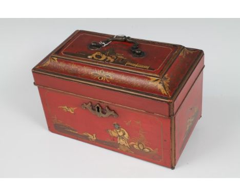 Georgian red lacquer tea caddy with chinoiserie decoration, cusped rectangular form with swan-neck handle, on bracket feet - 