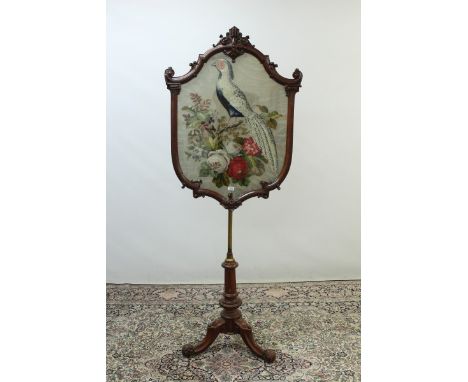 Large and impressive good quality Victorian mahogany pole screen with a shield-shape needlework panel depicting a Lady Amhers