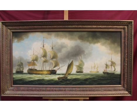 James Hardy, 20th century oil on canvas laid on board - extensive seascape with Men O' War, signed, in gilt frame, 58cm x 117