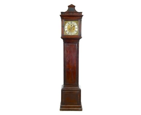 18th century longcase clock with eight day movement, brass twelve inch square dial with angel spandrels, matted centre with e