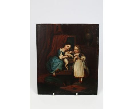 Victorian English School oil on tin panel - two girls and a dog, unframed, 25cm x 21.5cm