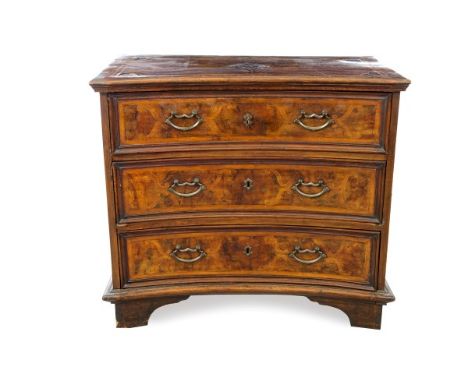 Unusual early 18th century Continental concave fronted walnut veneered commode chest with inlaid banded top, three long drawe