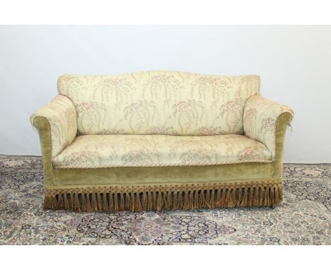 Good quality late Victorian camel back sofa with original floral moquette and gold velvet upholstery with tasseled border dec