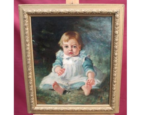 M. Rossell, Edwardian oil on canvas - portrait of a baby, signed and dated '02, in gilt frame, 52cm x 43cm