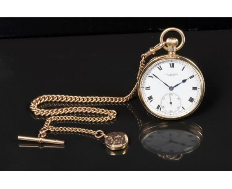 Gentlemen's gold (9ct) keyless open faced pocket watch by J. W. Benson, London, with white enamel dial with Roman numerals, s