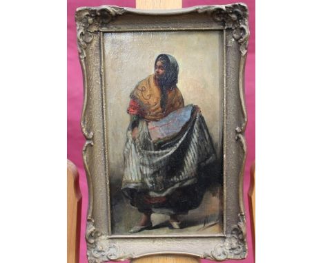 Late 19th / early 20th century Italian School oil on panel in gilt frame - study of a street seller, signed, 20cm x 11cm
