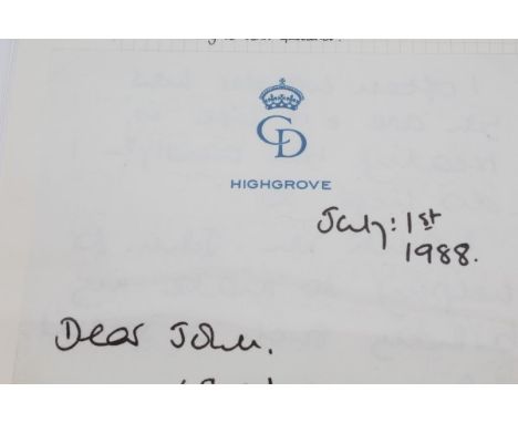 HRH Diana Princess of Wales - handwritten letter on CD Highgrove notepaper, to her friend John Gairdner, expressing thanks fo