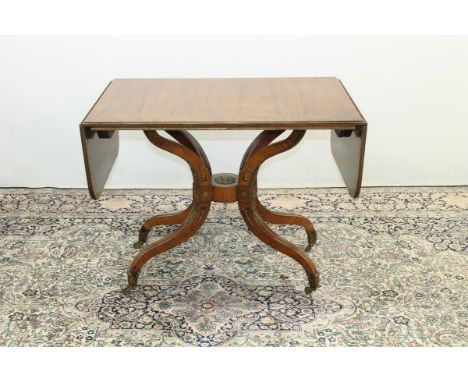 Good quality Regency-style rosewood, brass inlaid and ormolu mounted sofa table with crossbanded top, on pedestal base with f