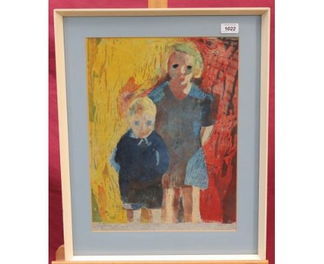 Felix Gluck (1923 - 1981), signed lithograph - two children, indistinctly dated, signed in pencil, in glazed frame bearing Fr