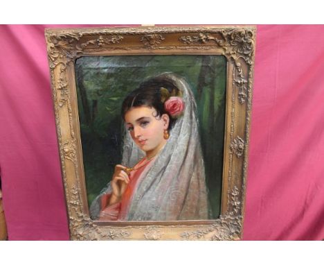 Edward James Rogers (1872 - 1938), oil on canvas in gilt frame - portrait of a beautiful senorita with a gold locket, signed,