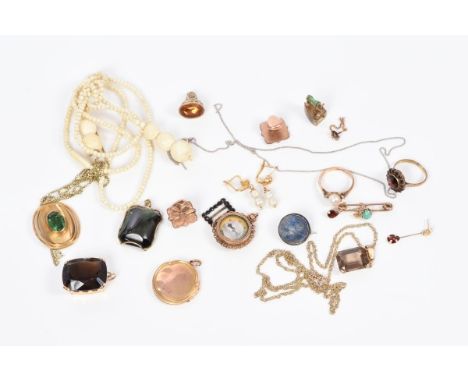 Edwardian gold mounted compass fob (Birmingham 1905), various gem set pendants and sundry jewellery