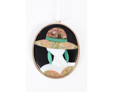 Pietra Dura brooch with an oval panel depicting an Art Deco-style lady wearing a summer hat, in gold (9ct) mount, with pendan