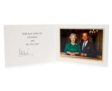 HM Queen Elizabeth II - Rare autographed Christmas card with coloured portrait of HM Queen Elizabeth and HRH Prince Philip Du