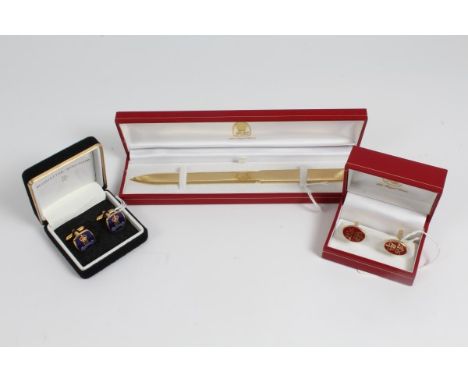 The Royal Train commemorative gilt metal paper knife in box, pair similar enamel cufflinks in box and pair Queen's Flight ena