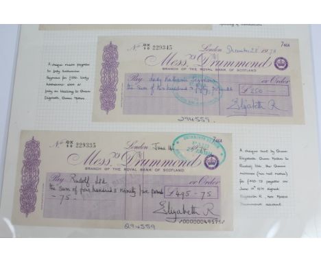 HM Queen Elizabeth The Queen Mother - two autographed cheques (Messrs Drummond), signed 'Elizabeth R', one payable to Lady Ka