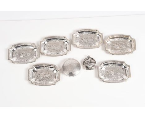 19th century Dutch silver patch box of circular form, with engraved decoration, six Continental silver trays with embossed de