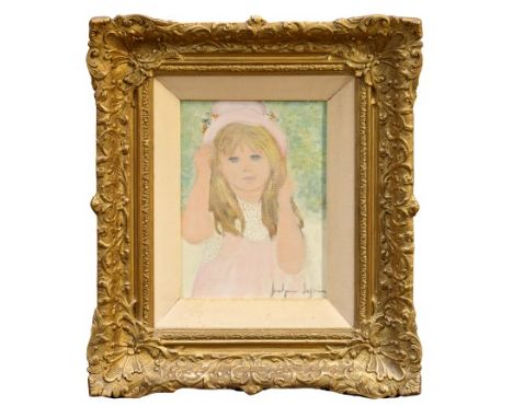 Jocelyne Seguin (1917 - 1999), oil on canvas - portrait of a young girl in pink dress 'Le chapeau rose', signed, inscribed on