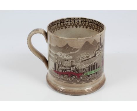 Victorian pottery railway mug, printed with express engine and various carriages, mark to base - Railway B & T for Blackhurst