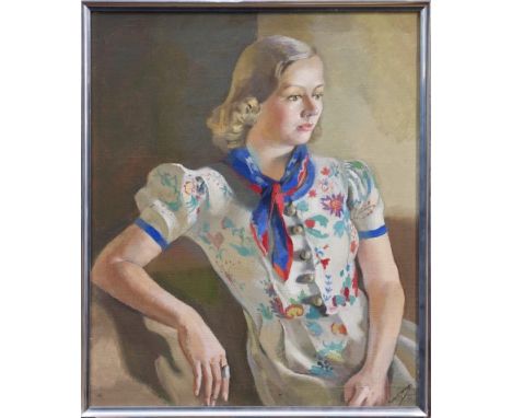 Phoebe Peto Willetts (1917 - 1978), oil on canvas - portrait of a lady in floral dress, Gerry Reid, signed and dated 1940, fr