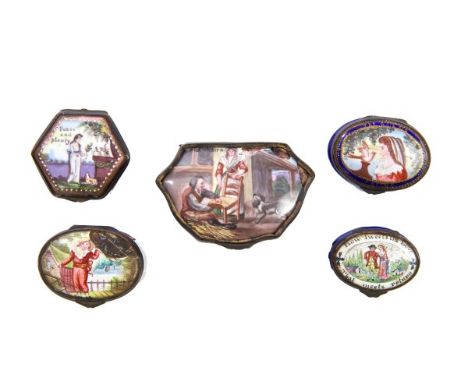 A group of five 18th century enamel patch boxes, various shapes and designs including old chairs, peace and plenty, largest 7